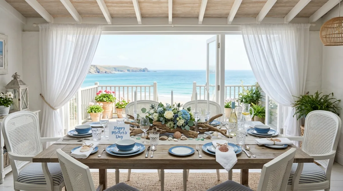 Coastal Mother's Day table with blue and white tableware, seashell accents, and driftwood centerpiece.
