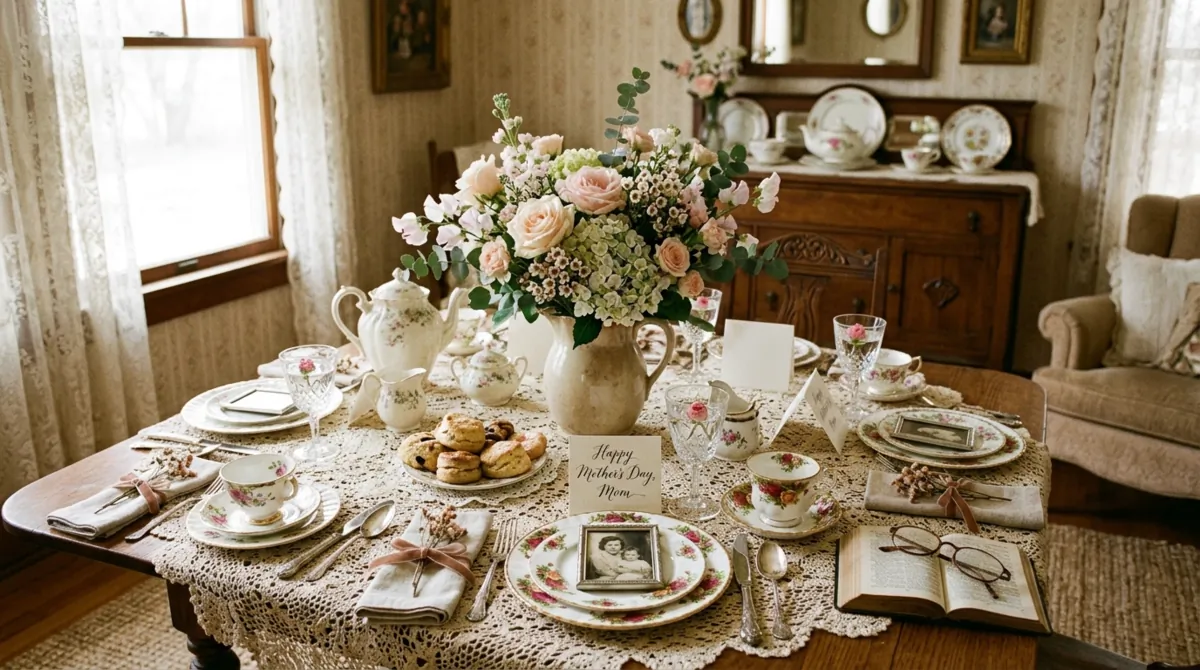 Vintage Mother's Day table with antique china, lace tablecloth, heirloom teacups, and pastel florals.