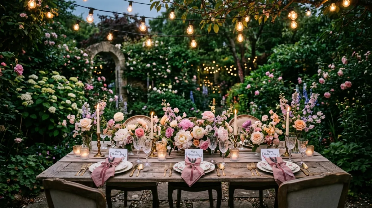 Outdoor Mother's Day dining table with flowers, wooden table, greenery, and string lights.