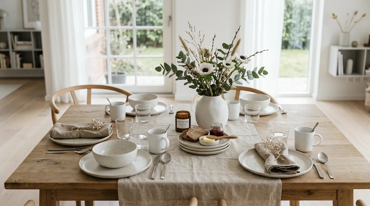 Scandinavian Mother's Day table with neutral tones, ceramic dishes, and minimalist floral decor.