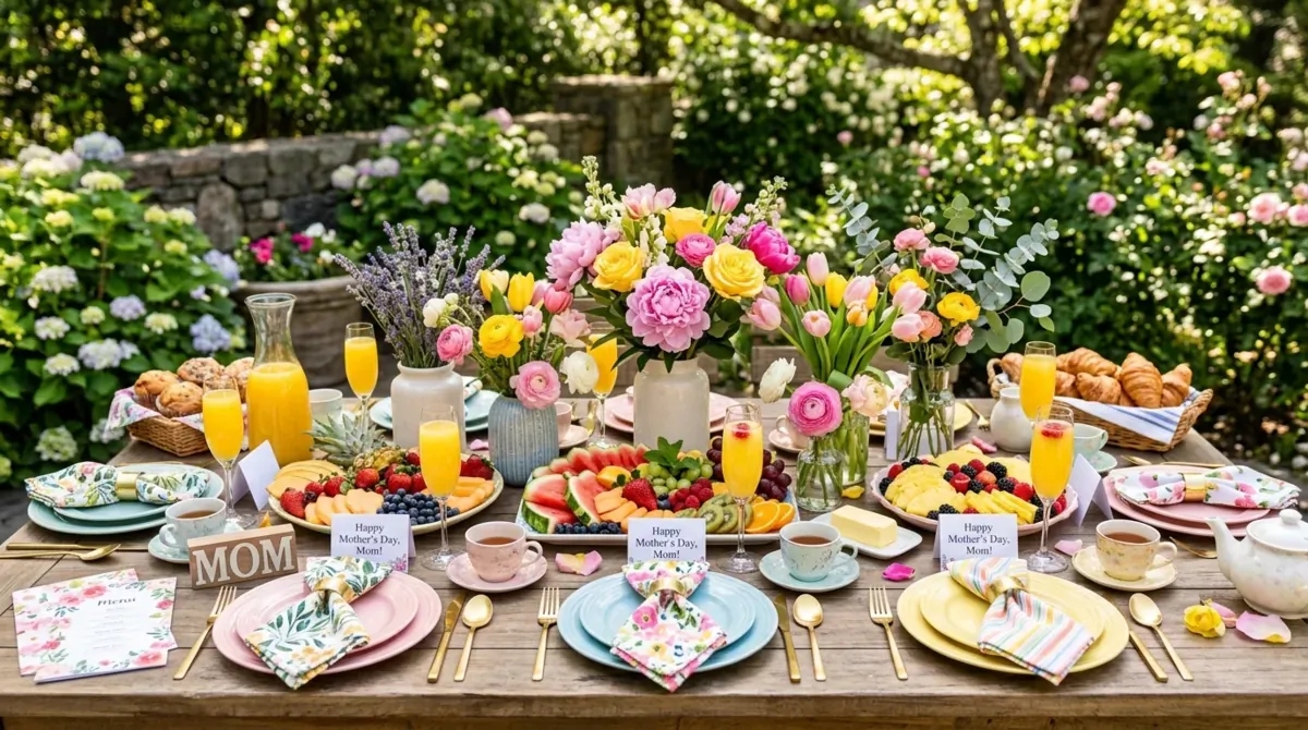 Colorful Mother's Day brunch table with fruit platters, flowers, patterned napkins, and pastel accents.
