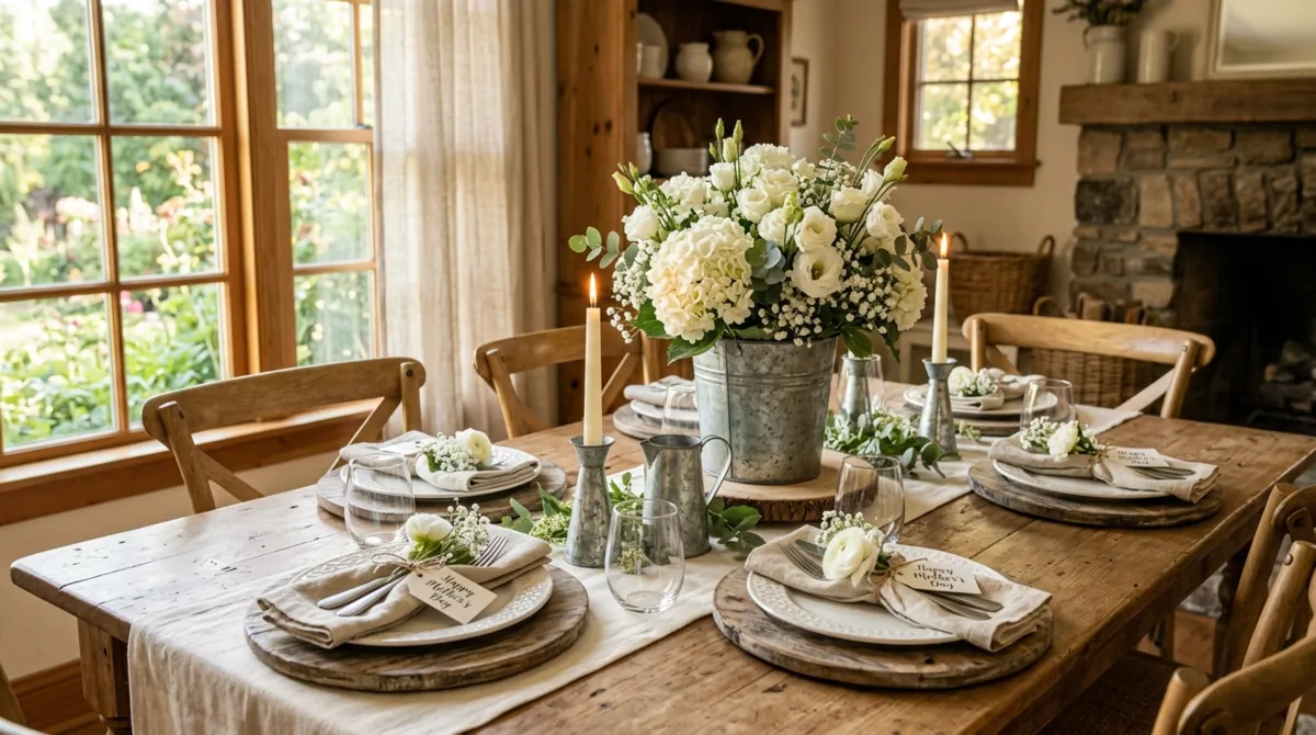 Farmhouse chic Mother's Day table with metal accents, white florals, wood chargers, and linen textures.