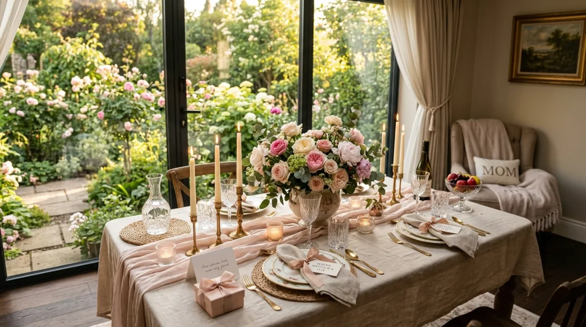 Luxury Mother's Day table by large windows with floral arrangements, draped fabrics, and candlelight.