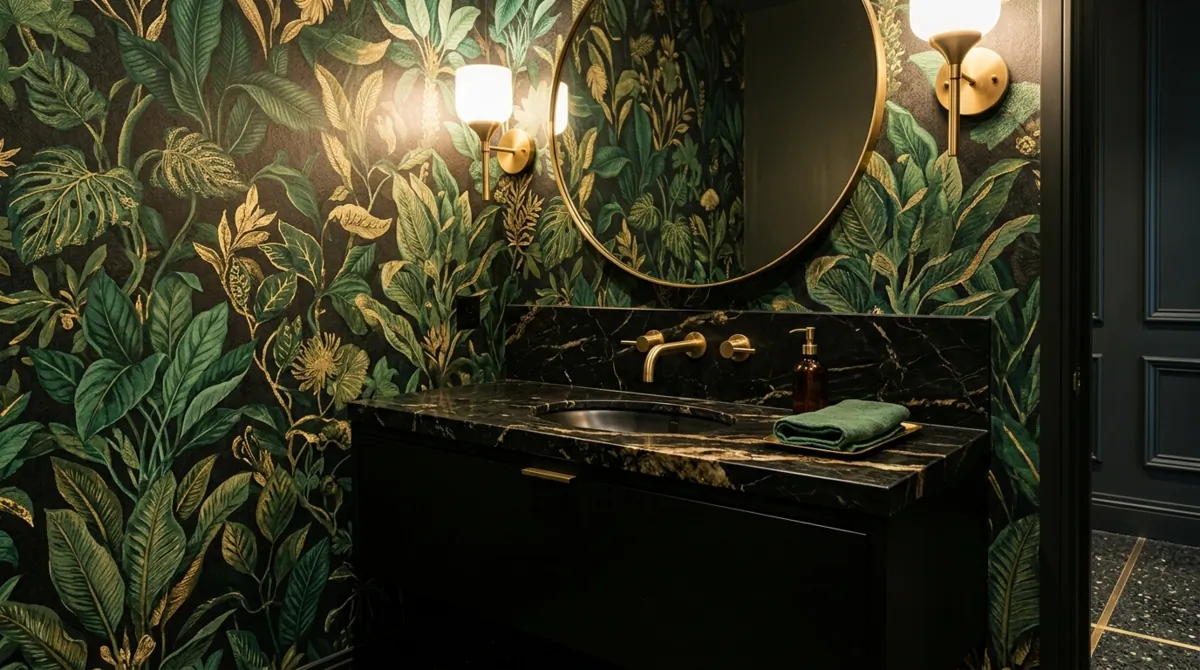 Dramatic powder room with oversized botanical wallpaper, black vanity, brass faucet, and warm sconces.