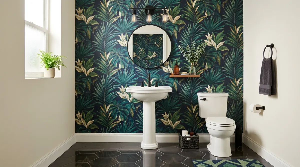 Bold tropical wallpaper with palm leaves in navy and forest green, white pedestal sink, and matte black fixtures.