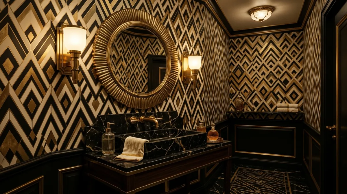 Art deco powder room with geometric wallpaper, gold-framed mirror, marble sink, and elegant sconces.