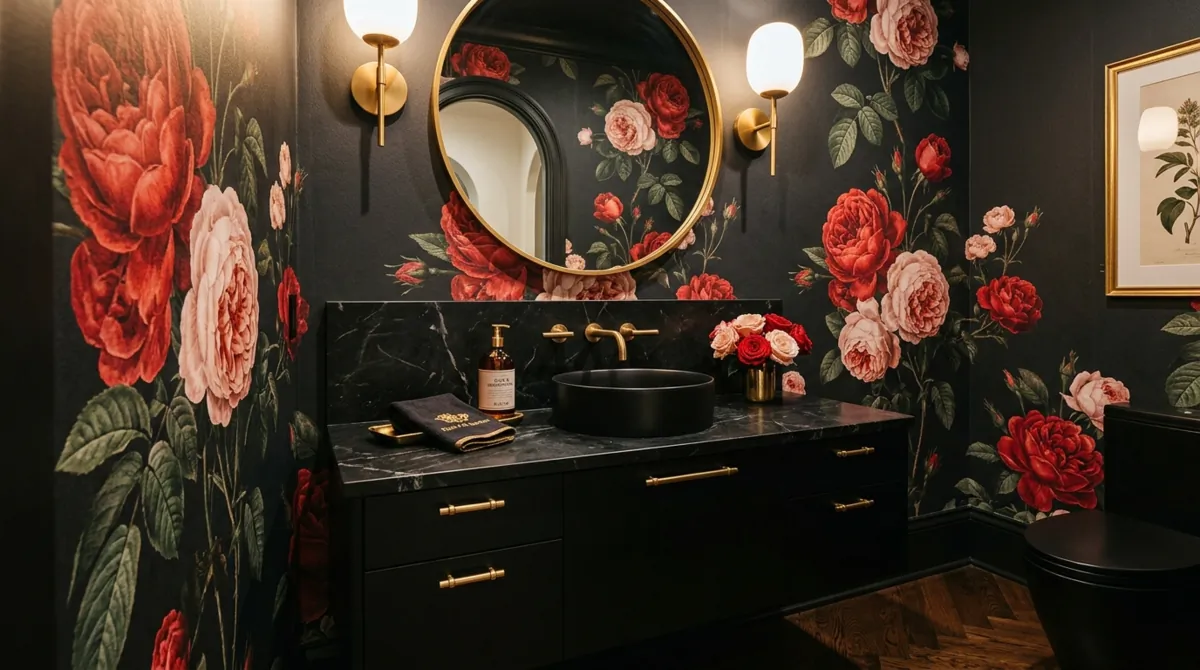 Powder room with oversized rose wallpaper on charcoal background, black vanity, and gold hardware.