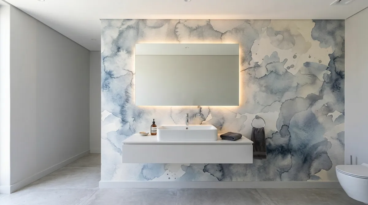 Minimal powder room with abstract watercolor wallpaper, floating white sink, and hidden LED lighting.