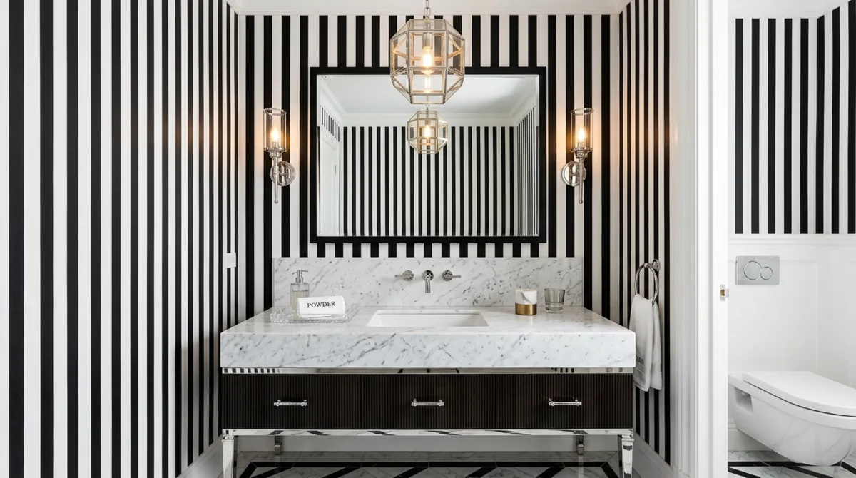 Luxury powder room with striped wallpaper, marble vanity, chrome fixtures, and pendant light.
