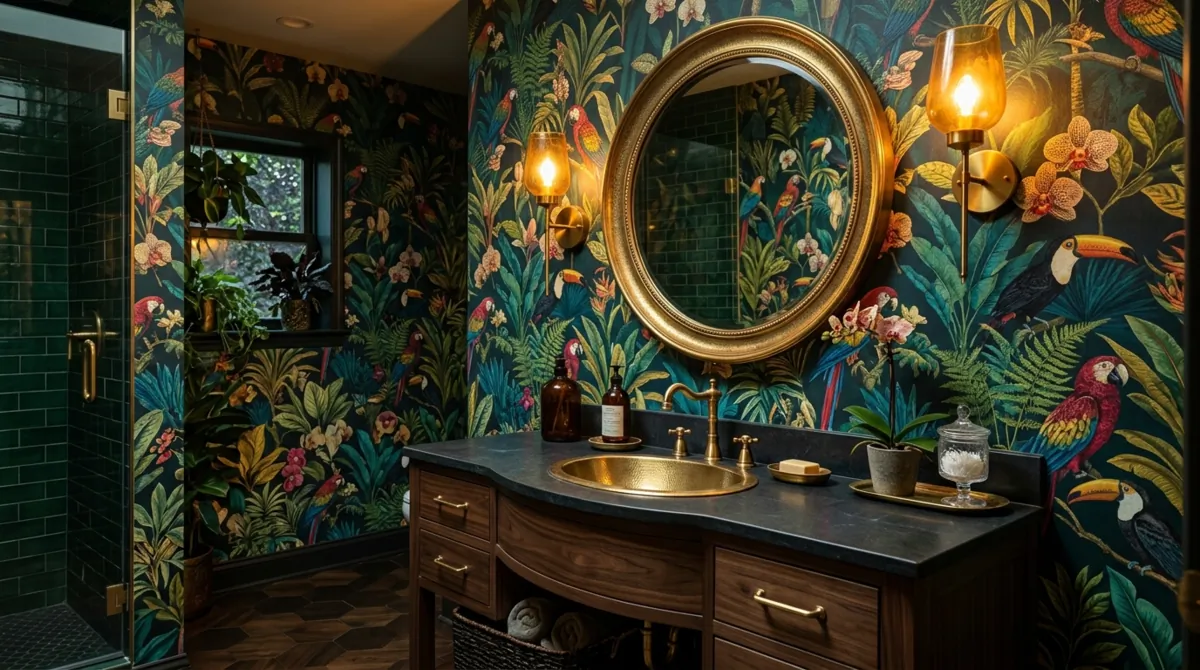 Bold jungle-themed powder room with exotic bird wallpaper, dark wood vanity, and brass accents.