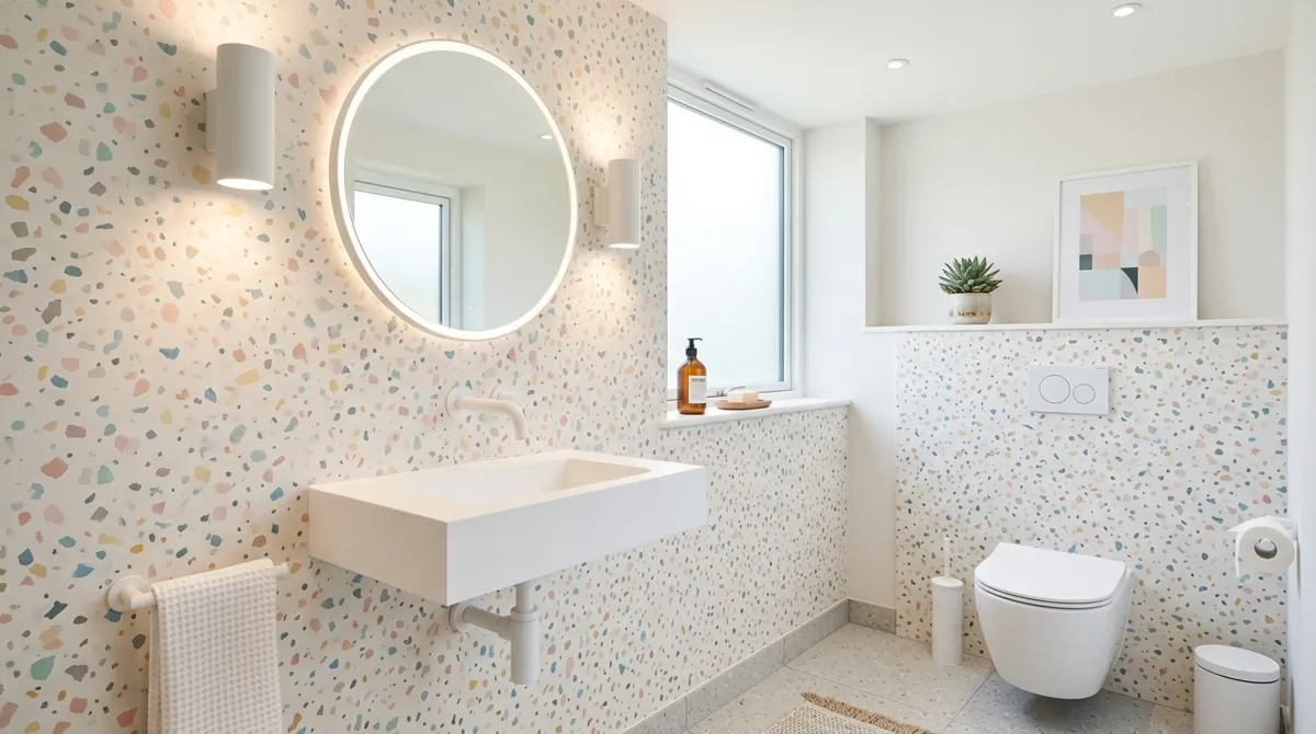 Contemporary powder room with terrazzo-inspired wallpaper, floating sink, and bright soft lighting.