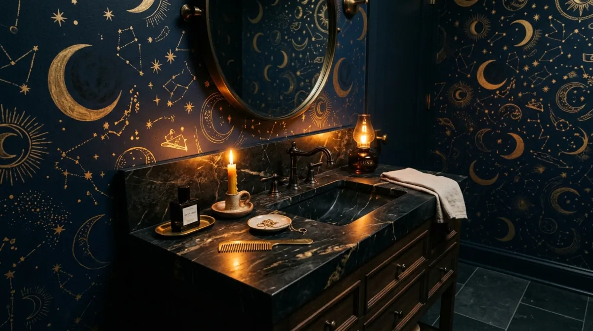 Moody powder room with celestial wallpaper, navy walls, black stone vanity, and candle-like lighting.