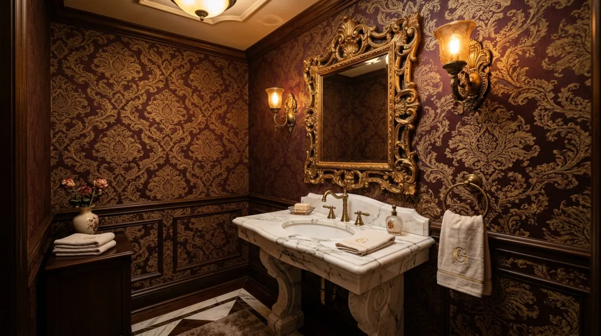 Elegant powder room with burgundy damask wallpaper, marble pedestal sink, ornate mirror, and warm vintage lighting.