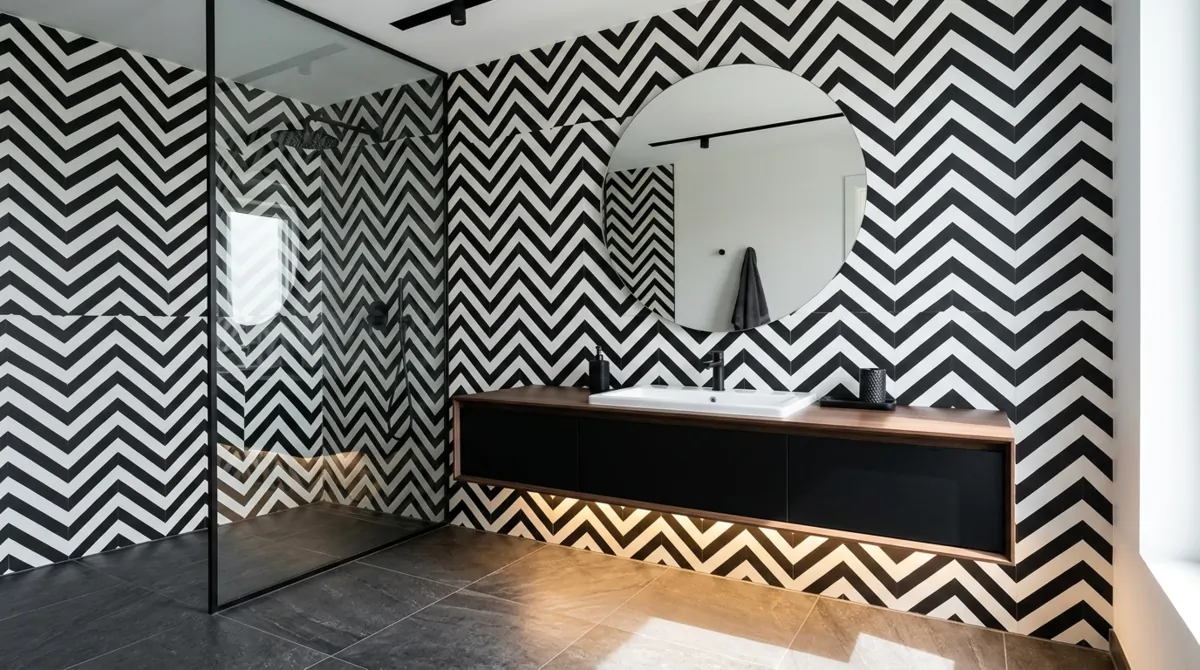 Modern powder room with black and white zigzag wallpaper, floating vanity, and integrated cabinet lighting.