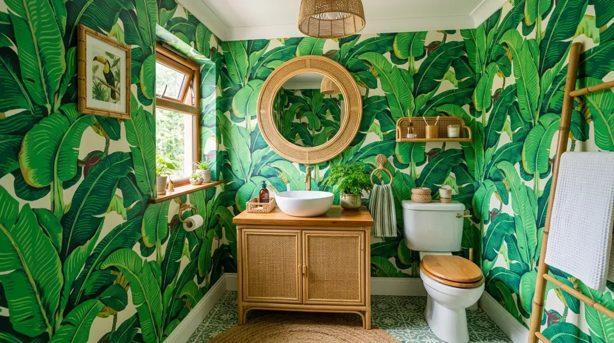 Tropical powder room with banana leaf wallpaper, white sink, rattan accents, and soft natural light.
