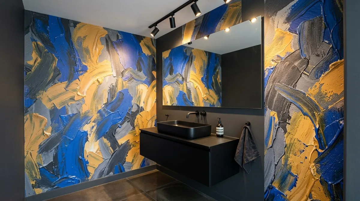 Artistic powder room with bold brushstroke wallpaper, black sink, frameless mirror, and gallery lighting.