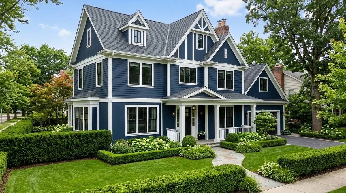 Dark blue house exterior with white trim, warm wood door, and dramatic landscaping.
