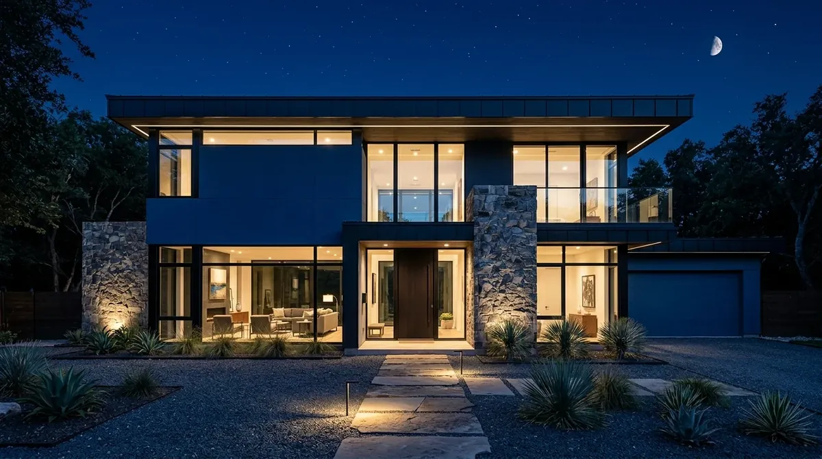 Dark blue exterior home with stone lower facade, black roof, and front porch planters.