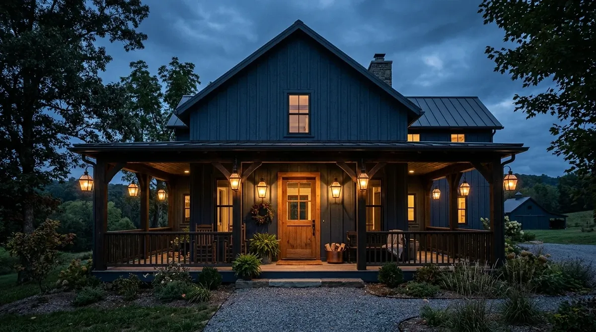 Modern house exterior in dark blue with black windows, clean path, and minimal landscaping.
