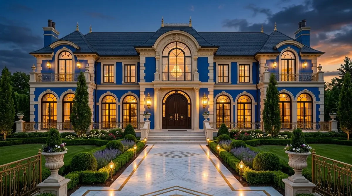 Deep blue coastal exterior with white railings, shutters, and breezy porch seating.