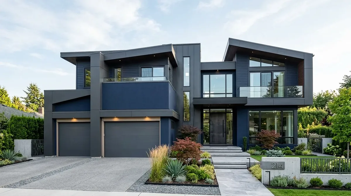 Traditional home with painted dark blue brick, brass lanterns, and symmetrical entry.