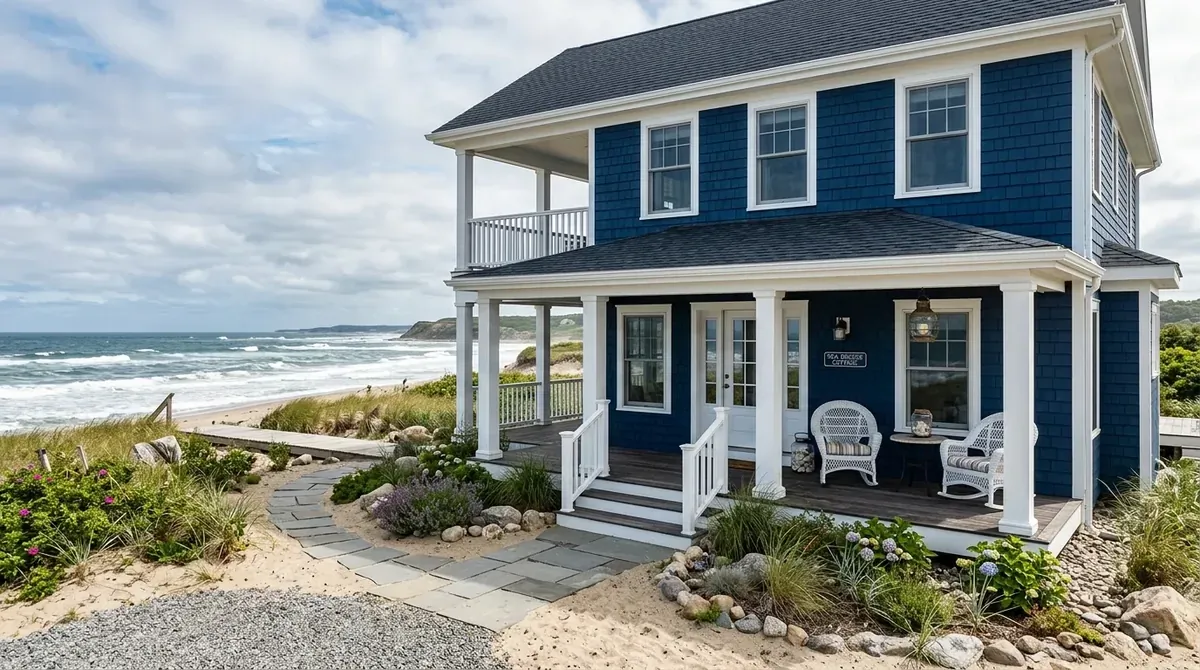 Craftsman exterior in navy blue with tapered columns, detailed trim, and stone steps.