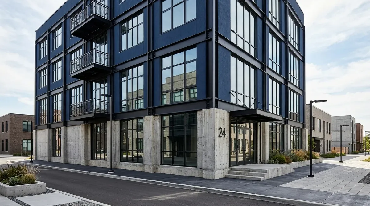 Farmhouse exterior with moody blue siding, black roof, and cedar porch beams.