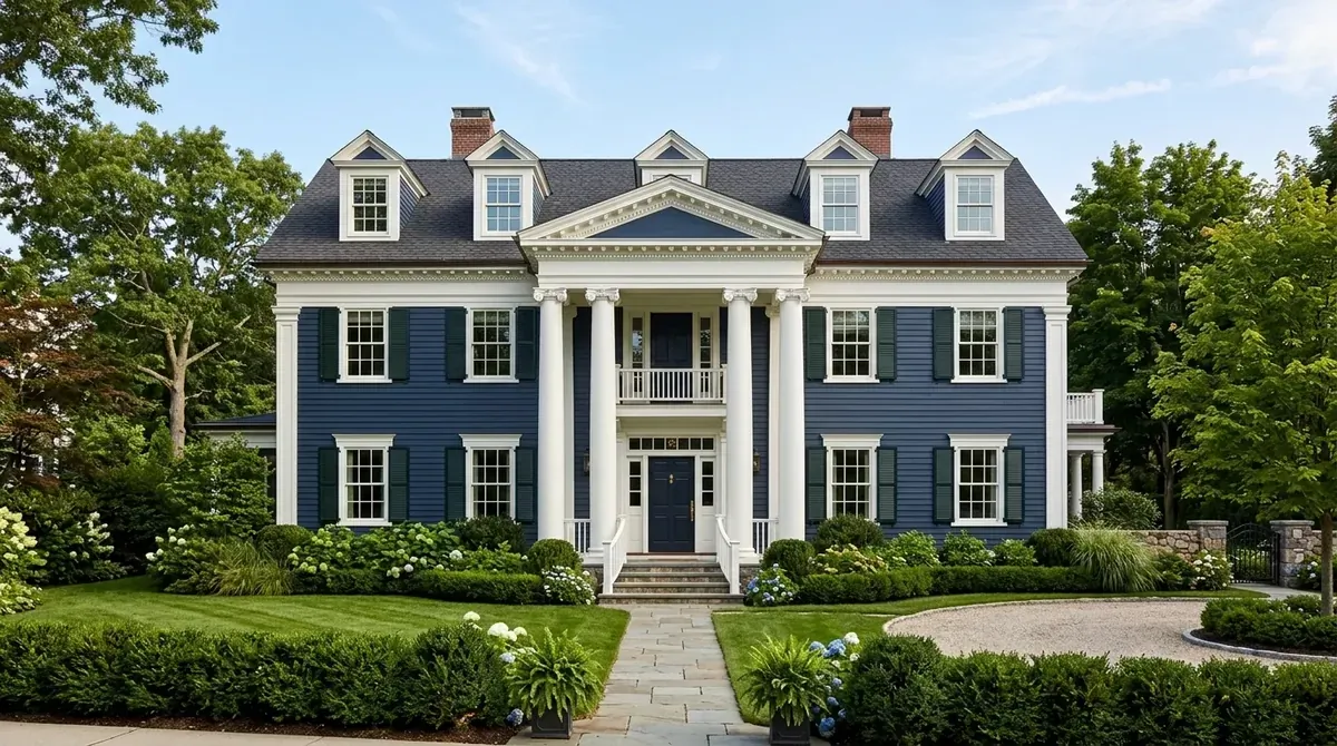 Urban townhouse exterior in dark blue with sleek door, black iron details, and steps.
