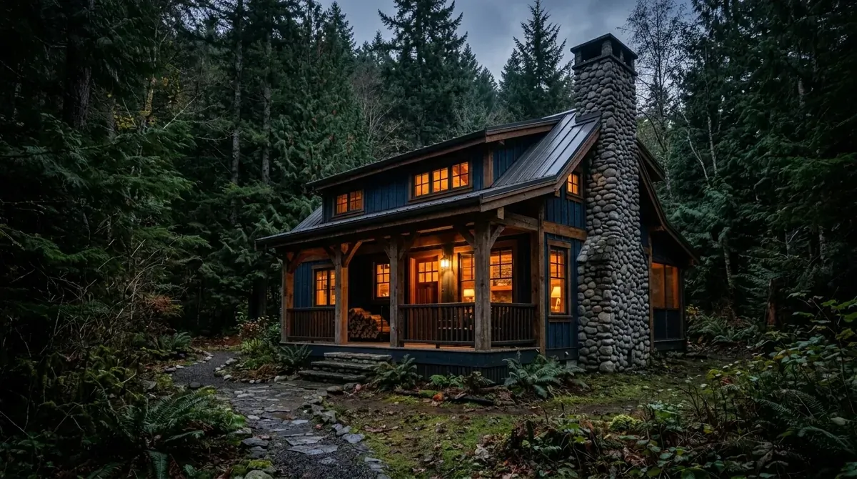 Dark blue home exterior at dusk with glowing porch lights and layered landscaping.