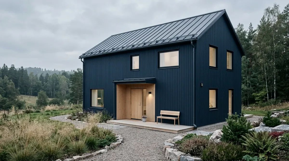 House exterior with dark blue siding, horizontal wood accents, and modern front entry.