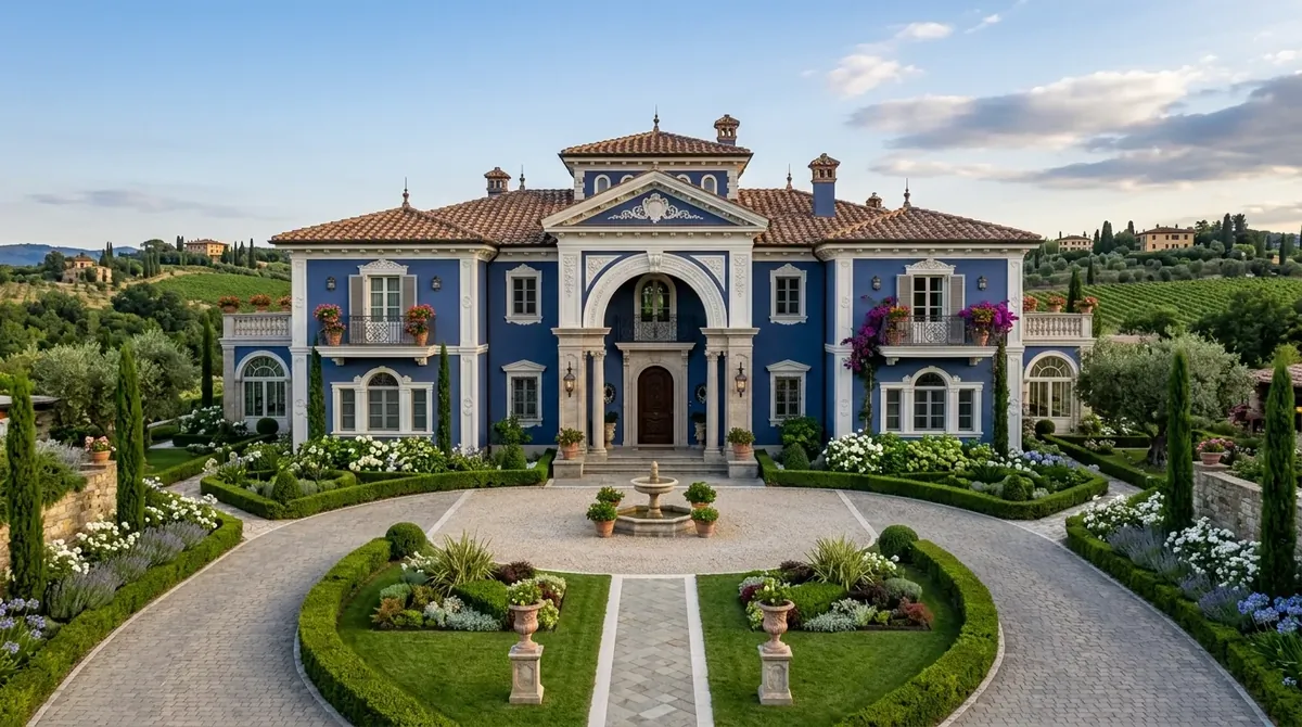 Gabled house exterior in dark blue with white windows and expansive front lawn.