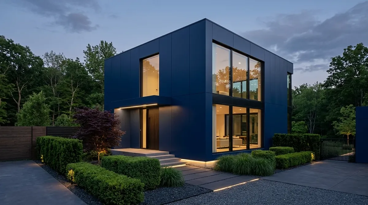 Upscale dark blue exterior with stone path, manicured hedges, and dramatic front elevation.