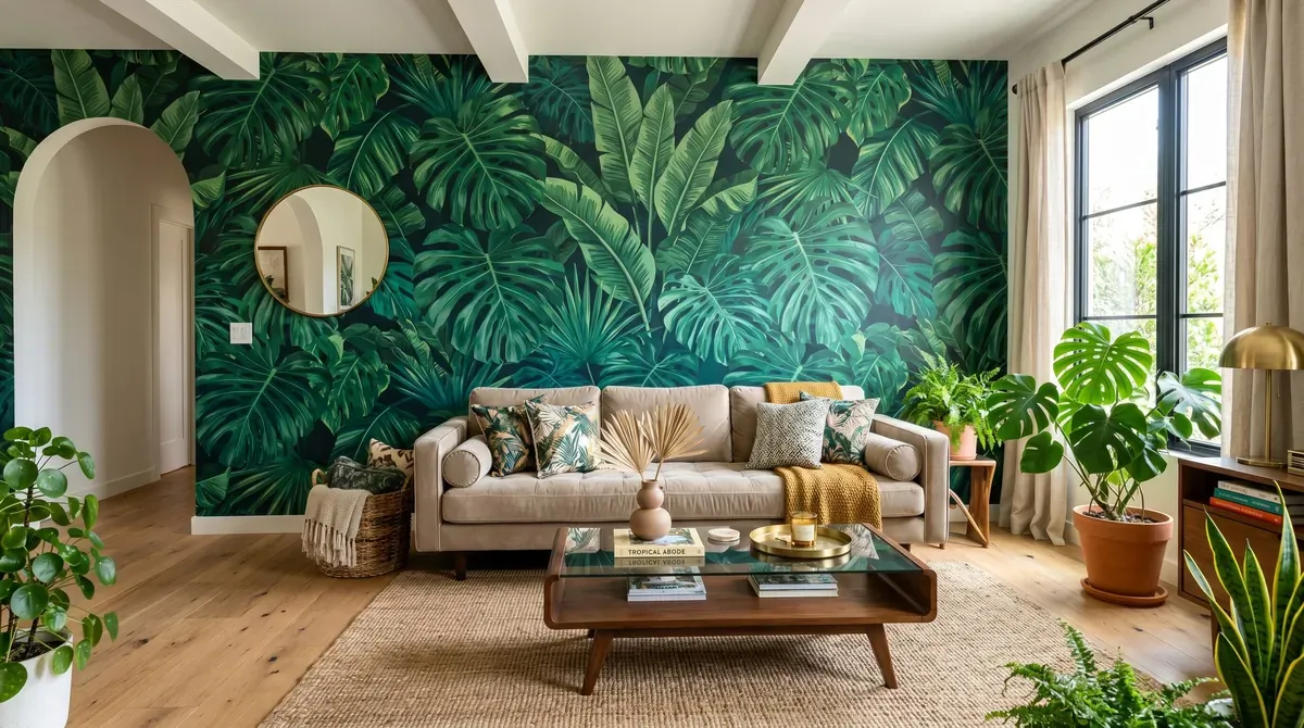 Bold living room with oversized tropical leaf wallpaper and neutral sofa.