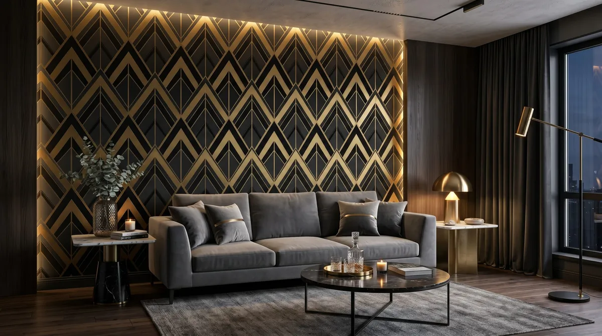 Dramatic living room with black and gold geometric wallpaper, gray sofa, and marble side tables.