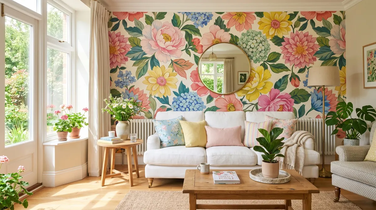 Vibrant living room with colorful oversized floral wallpaper, white sofa, and pastel pillows.
