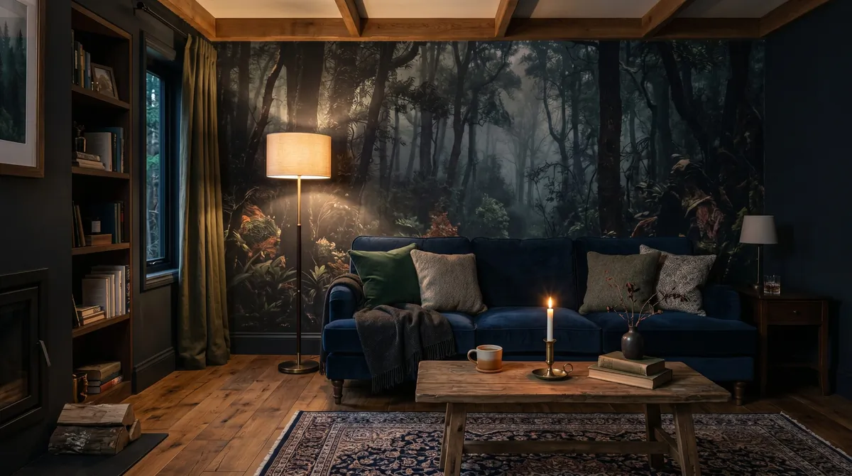 Moody living room with dark forest wallpaper, navy sofa, warm wood floor, and glowing floor lamp.