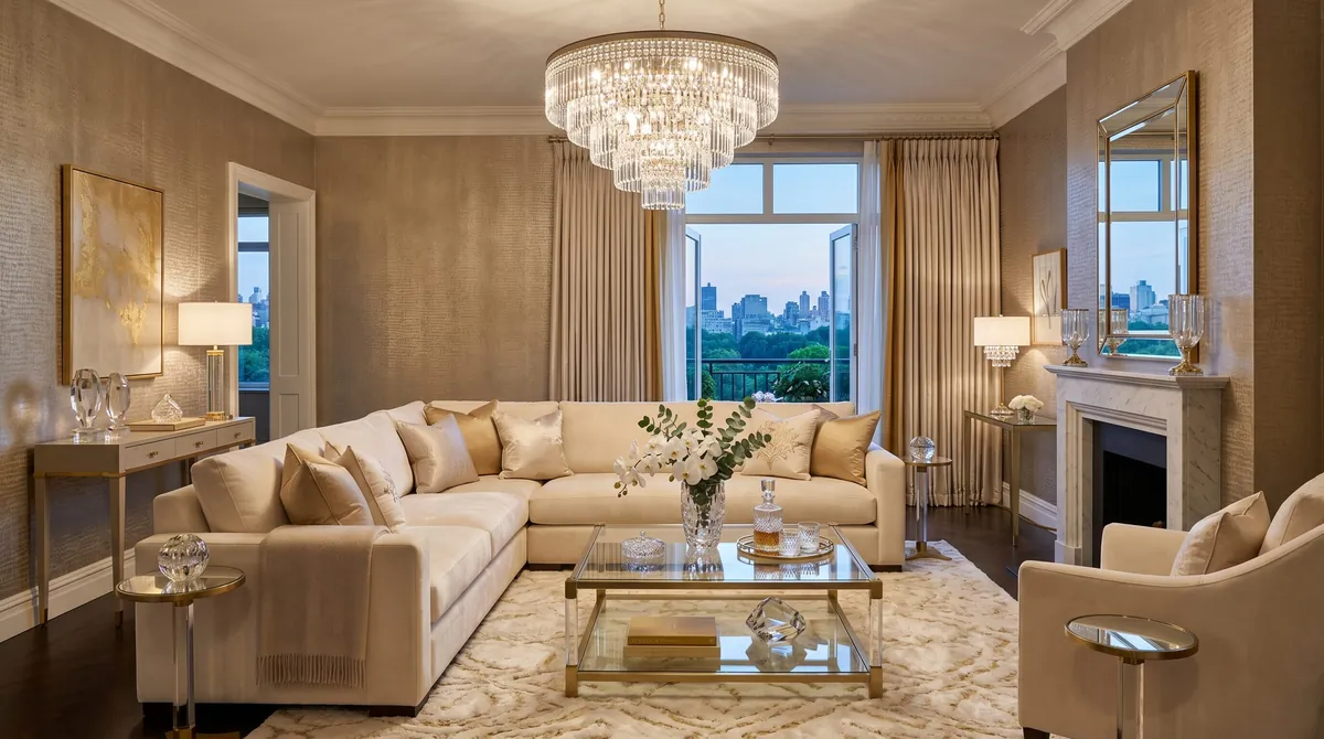 Luxury living room with champagne metallic textured wallpaper, cream sectional, crystal accents, and chandelier.