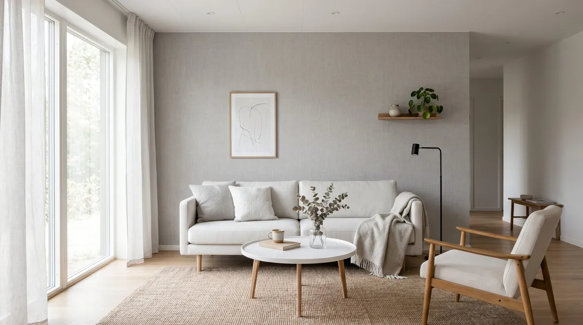 Minimal living room with soft gray linen textured wallpaper, white furniture, and airy space.