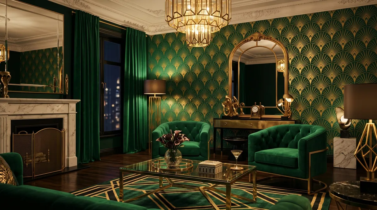 Art deco living room with emerald and gold fan motif wallpaper, velvet armchairs, and glass coffee table.