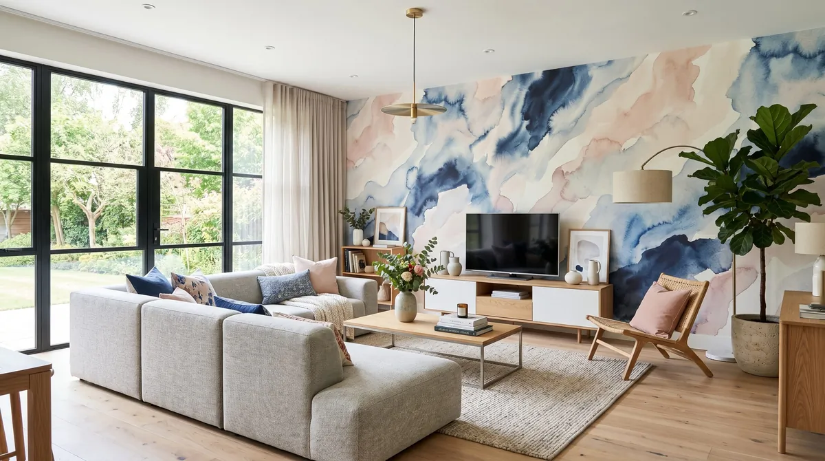 Contemporary living room with abstract blue and blush watercolor wallpaper, modular sofa, and light wood accents.