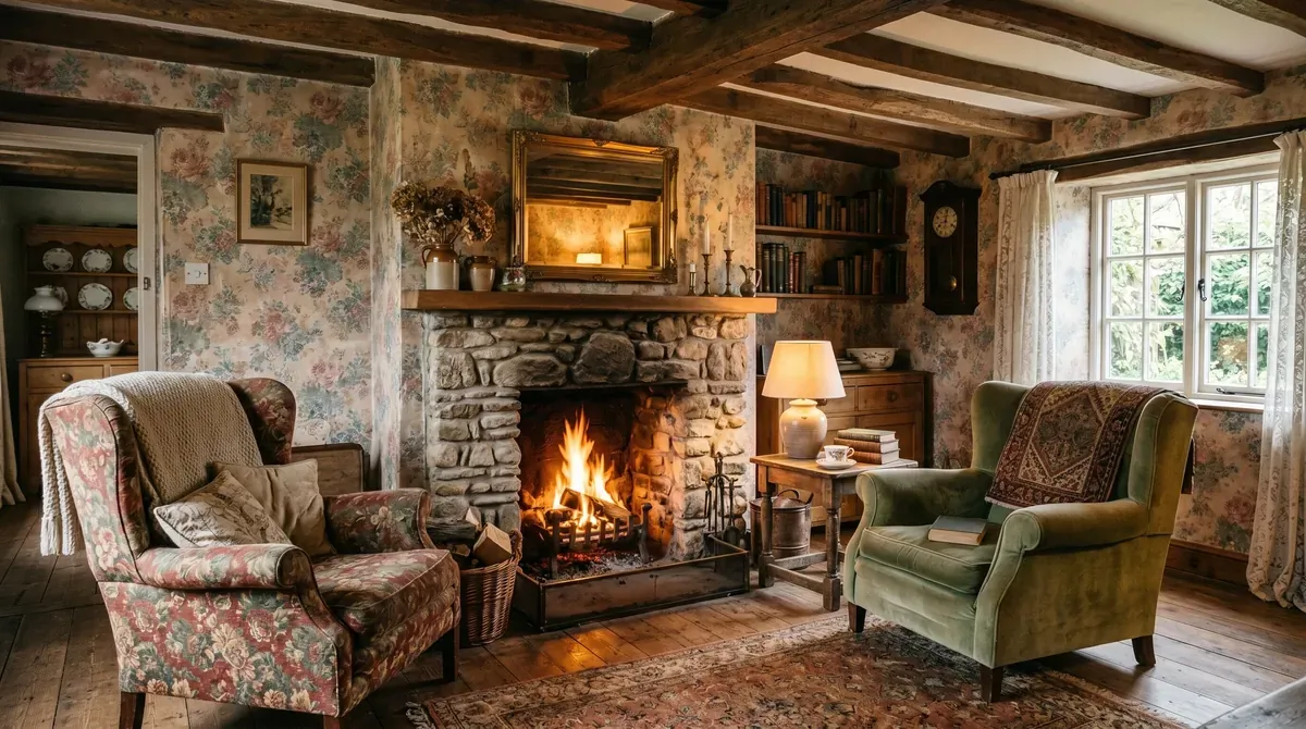 Rustic living room with faded vintage floral wallpaper, wooden beams, cozy armchairs, and fireplace glow.