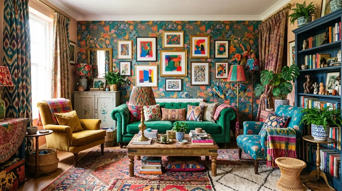 Maximalist living room with eclectic patterned wallpaper, layered textures, colorful furniture, and bold artwork.