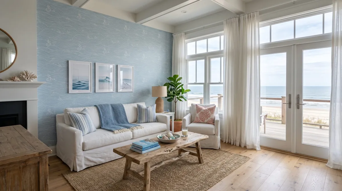 Coastal living room with soft blue wave wallpaper, white slipcovered sofa, driftwood table, and airy curtains.