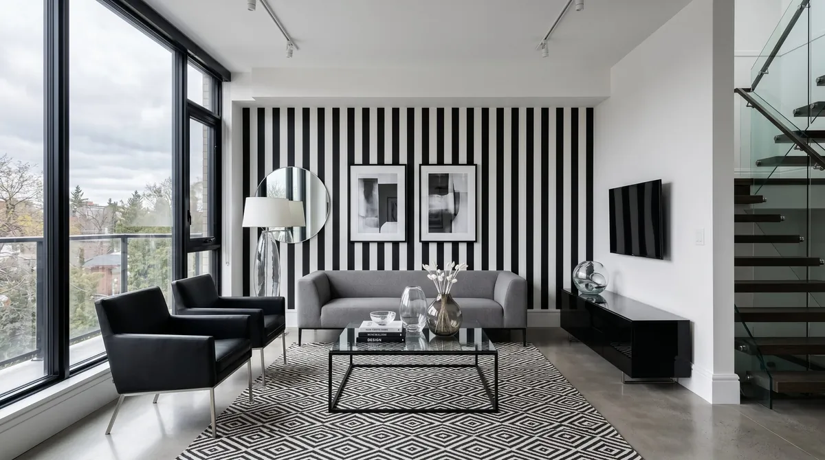 Modern living room with black and white striped wallpaper, sleek furniture, and glass decor.