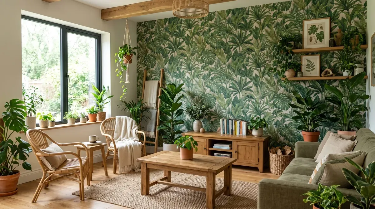 Botanical living room with lush jungle wallpaper, indoor plants, natural wood furniture, and daylight.