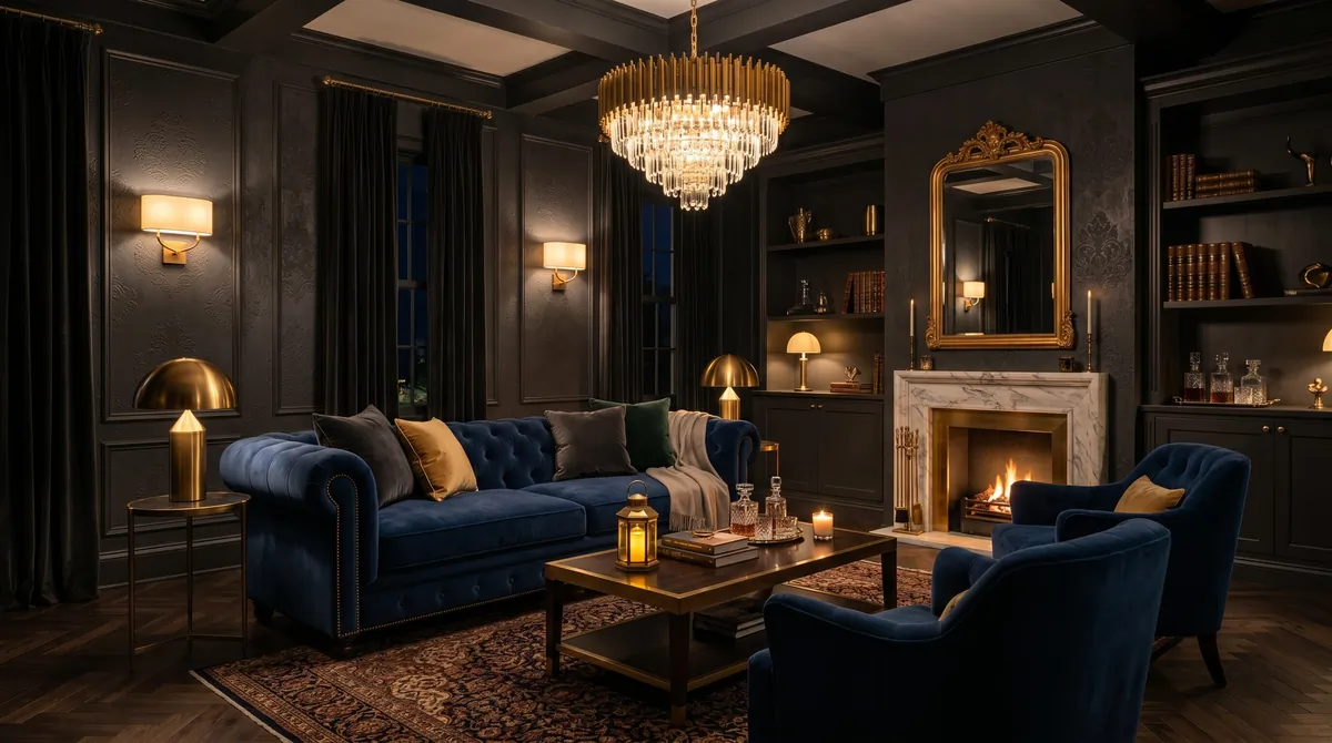 Luxury dark living room with charcoal embossed wallpaper, gold lighting, velvet seating, and low light.
