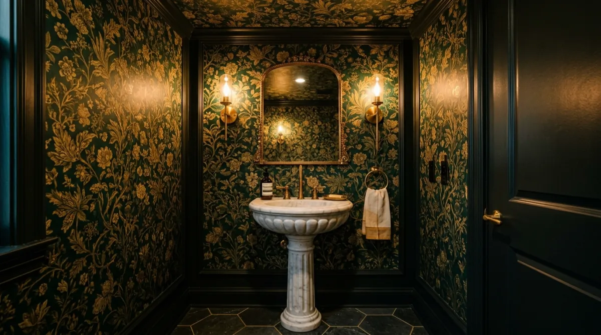 Powder room with emerald floral wallpaper, marble pedestal sink, brass fixtures, and warm lighting.