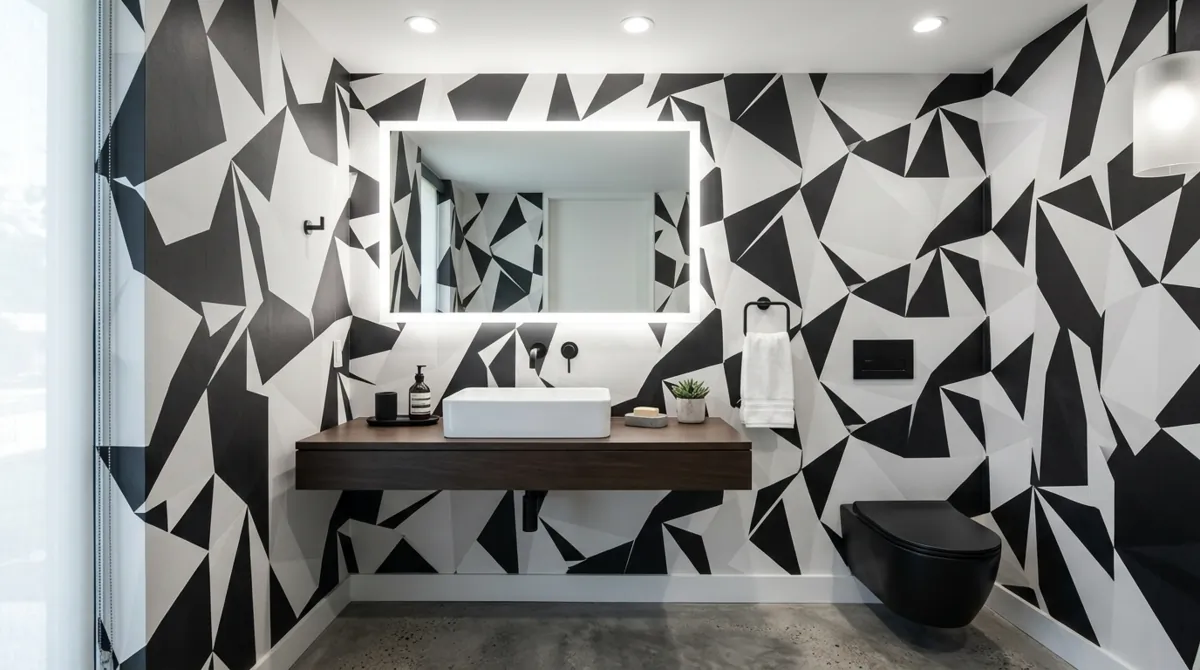 Modern powder room with black and white geometric wallpaper, floating sink, and minimalist mirror.