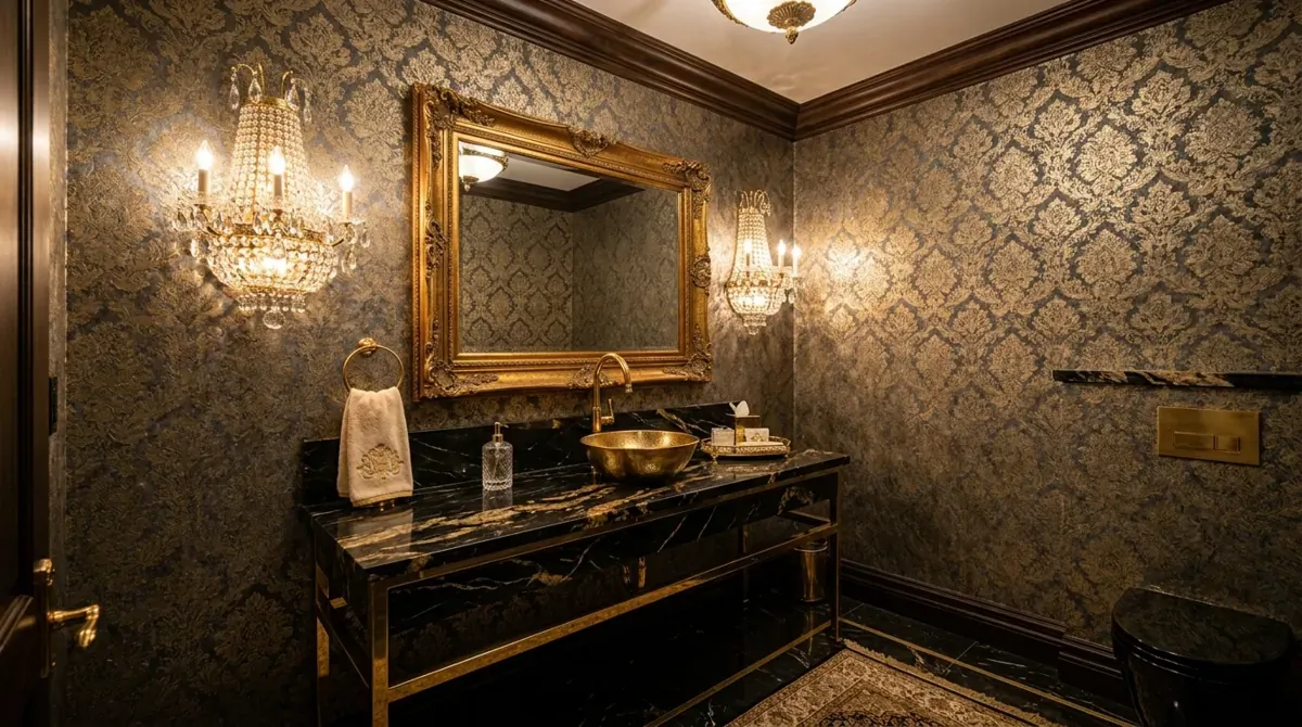 Luxurious powder room with metallic damask wallpaper, gold accents, marble countertop, and crystal sconces.