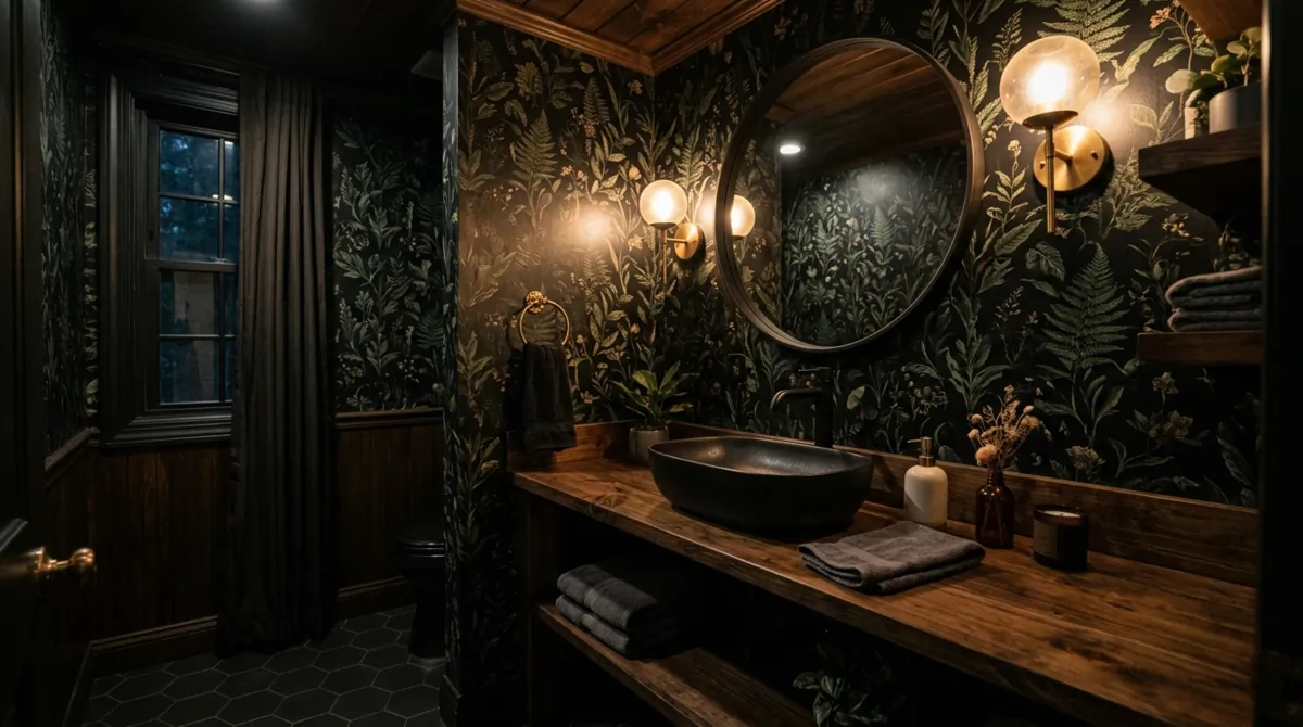 Moody powder room with black botanical wallpaper, matte black sink, dark wood accents, and low lighting.